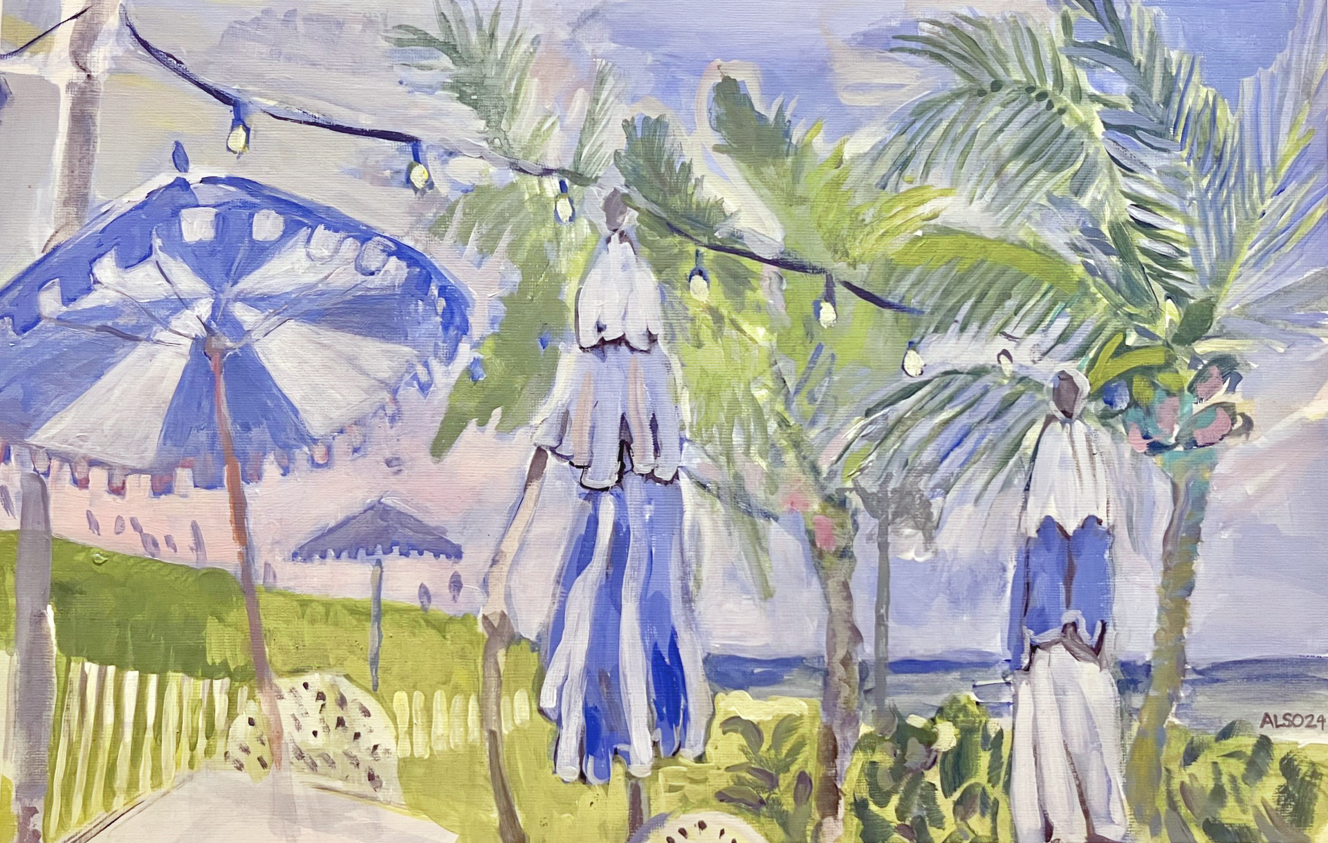 Beach club scene with umbrellas and palms.